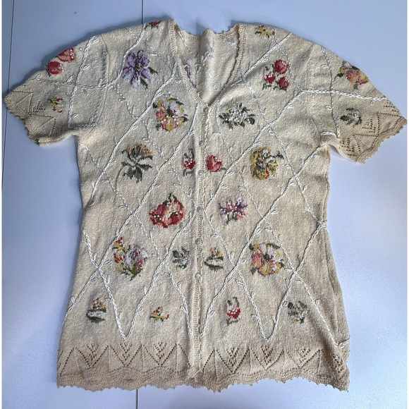 Vtg Susan Bristol Hand Embroidered Cardigan Sz M Short Sleeve Pearl Cottagecore - Picture 1 of 9